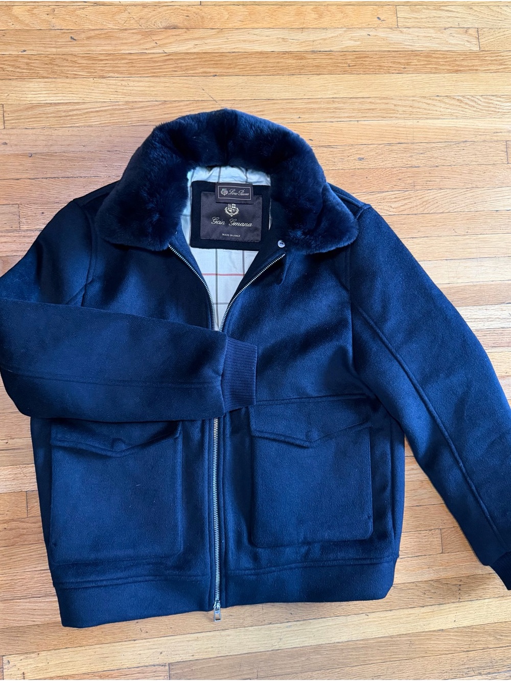 Men’s Navy Wool Bomber Jacket with Fur Collar